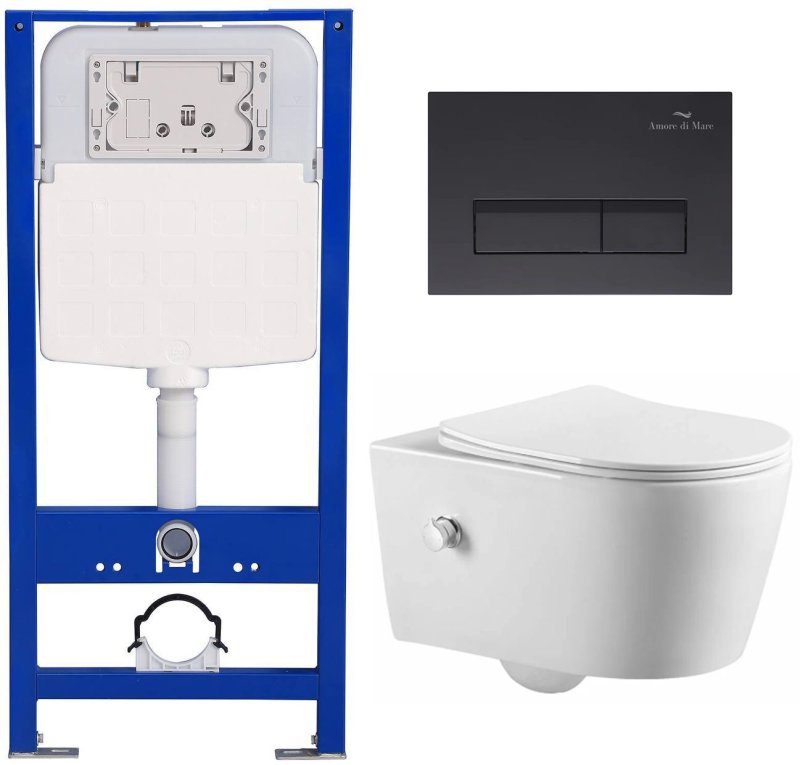 Комплект 6 в 1: инсталляция Amore di Mare QuickFit 50114 с подвесным унитазом Temo Bidet P322-X и клавишей смыва 404MB (QF404MB322X)